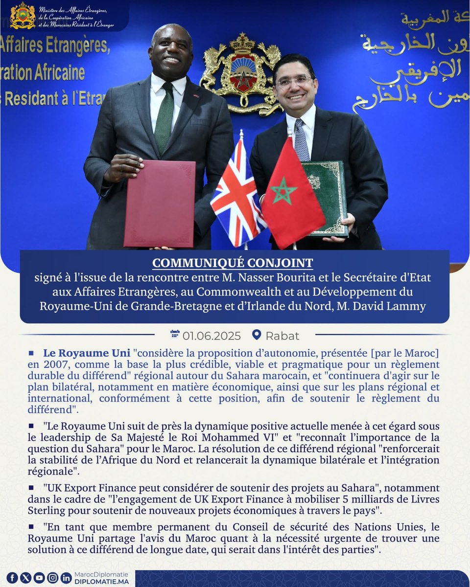 #Sahara_marocain : Position exprimée par le Royaume-Uni de Grande-Bretagne et d’Irlande du Nord, dans un Communiqué Conjoint signé à l’issue de la rencontre de M. Nasser Bourita avec son homologue britannique, M. David Lammy