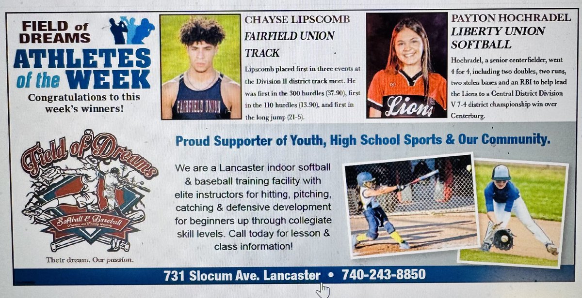 Thomas Wilson (@twil2323) on Twitter photo Field of Dreams Eagle-Gazette Athletes of the Week: Fairfield Union’s Chayse Lipscomb and Liberty Union’s Payton Hochradel. <a href="/AthleticsFuhs/">Fairfield Union Athletics</a> <a href="/LULions/">Liberty Union Lions</a> <a href="/LUSOFTBALL1/">Liberty Union Softball</a> Field of Dreams Eagle-Gazette Athletes of the Week: Fairfield Union’s Chayse Lipscomb and Liberty Union’s Payton Hochradel. <a href="/AthleticsFuhs/">Fairfield Union Athletics</a> <a href="/LULions/">Liberty Union Lions</a> <a href="/LUSOFTBALL1/">Liberty Union Softball</a>