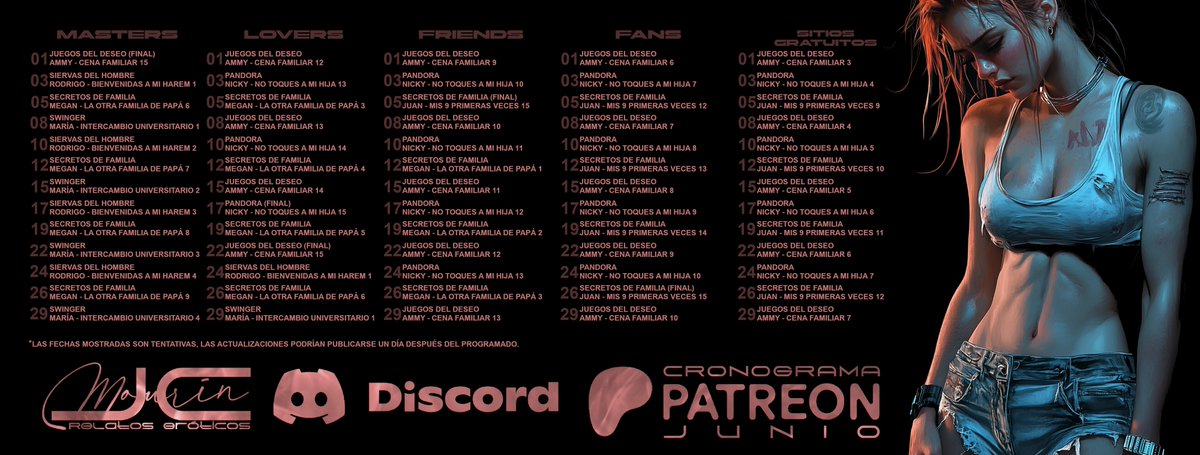 JC_Mourin's tweet photo. ¡CRONOGRAMA DE JUNIO! ¡Muchas gracias por seguir mis páginas y leer mi trabajo!😘🤗| ¡Nuevas series en PATREON, imágenes generadas por IA! ¡Suscríbanse! 😘🤗

https://t.co/szYGjRelic

#incestoconmamá #incestohijomamá #incestomamá #incestomamáhijo #incestohijapapá #incestoconpapá https://t.co/o29p0a9mWT