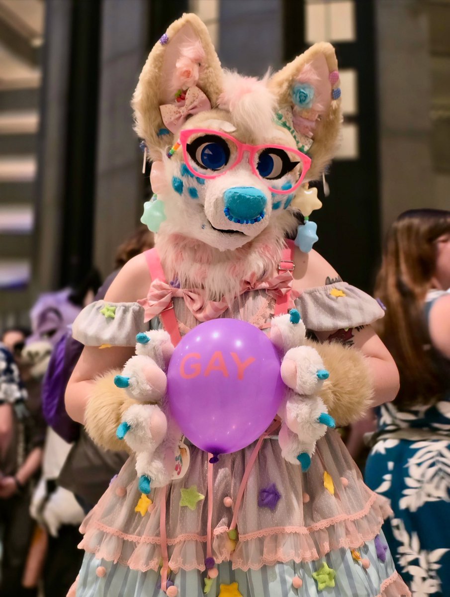 The balloon 🎈 speaks the truth! You know what time it is, Happy Pride Month everyone! 🏳️‍⚧️🏳️‍🌈 
#gay #pridemonth #pride #ccthecorgi #furry #fursuit #FWA #FWA2025 #Furryweekendatlanta