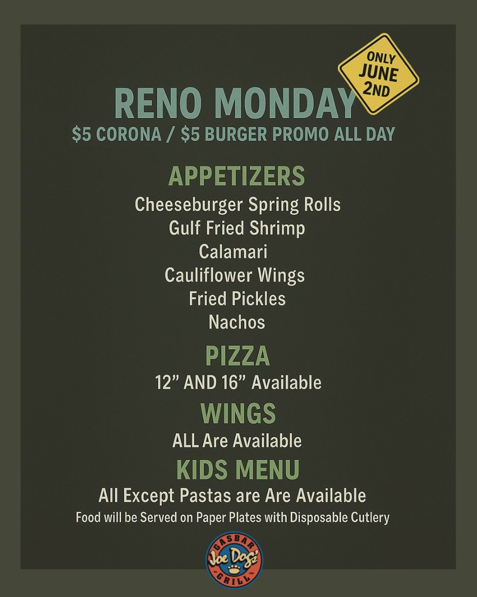 Monday Lunch Plans!
💰 Deals to fill your belly while we freshen up for summer.

#renomonday #eatatjoes