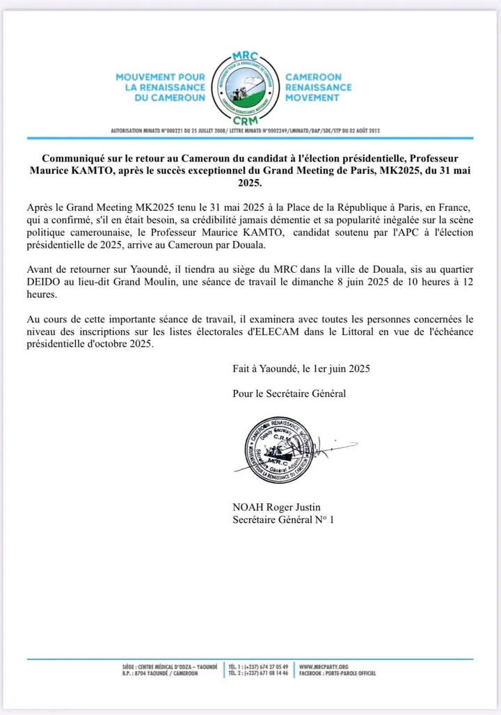 Ce 8 juin le Président Maurice Kamto fera un arrêt dans la ville de Douala pour une importante séance de travail...