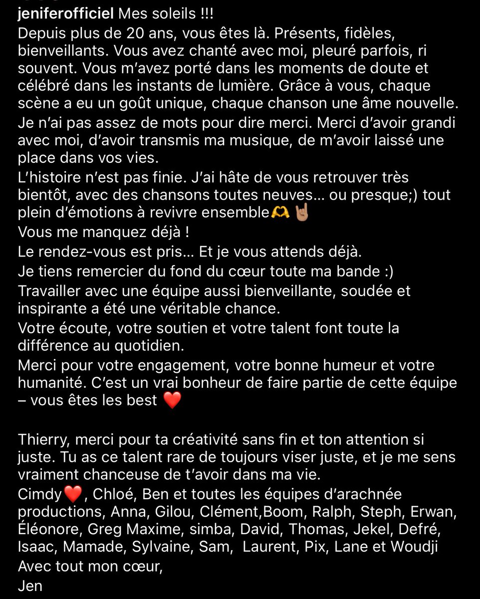 .<a href="/JeniferOfficiel/">Jenifer</a> a un message pour vous ❤️ 

« L’histoire n’est pas finie… J’ai hâte de vous retrouver très bientôt avec des chansons toutes neuves… ou presque 😉 »

⏳