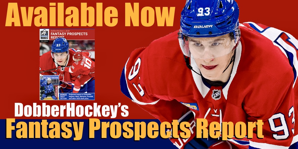 DobberHockey's tweet photo. 📢 Dobber's 19th Annual Fantasy Prospects Report - out now!

#FantasyHockey #NHLDraft2025 #NHLDraft 

⬇️⬇️⬇️⬇️ https://t.co/p4JSFAiFst