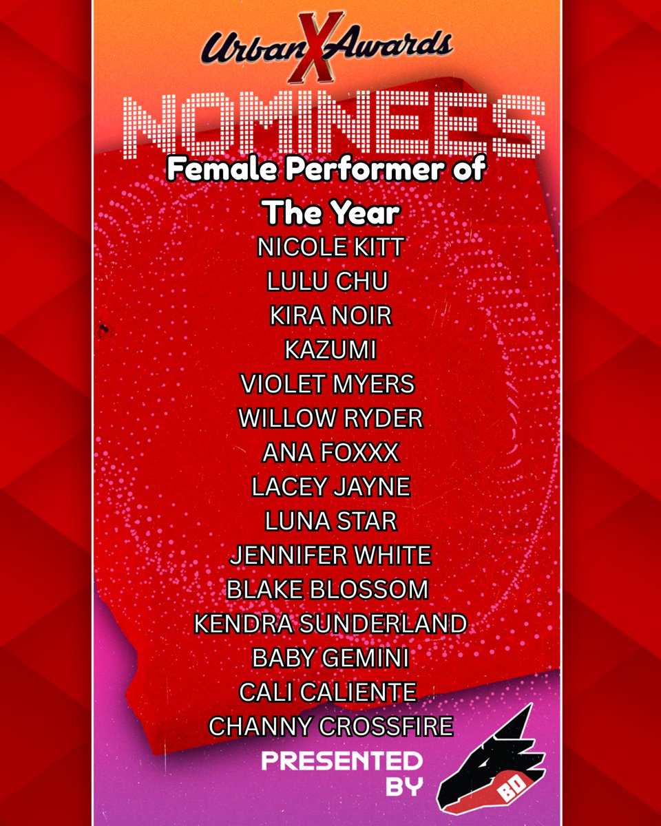 The Urban X Awards (@urbanxawards) on Twitter photo Urban X Awards are proud to announce the nominees for Female Performer of The Year @thenicolekitt <a href="/luluchuofficial/">Lulu Chu</a> <a href="/thekiranoir/">Kira Noir</a> <a href="/kazumisworld/">Kazumi</a> <a href="/violetsaucy/">Violet Myers</a> <a href="/AnaFoxxx/">Ana Fuckin Foxxx</a> <a href="/TheLaceyJayne/">TheLaceyJayne</a> <a href="/cutelunastar/">Luna Star</a> <a href="/jenwhitexxx/">Jennifer White</a> <a href="/blkblssm/">blake blossom</a> <a href="/KSLibraryGirl/">Kendra Sunderland</a> <a href="/_BabyGeminii/">BABY GEMINI ✨</a> @thecalicaliente <a href="/ChannyCrossfire/">ChannyCrossfire🦋🐝✊️</a> Urban X Awards are proud to announce the nominees for Female Performer of The Year @thenicolekitt <a href="/luluchuofficial/">Lulu Chu</a> <a href="/thekiranoir/">Kira Noir</a> <a href="/kazumisworld/">Kazumi</a> <a href="/violetsaucy/">Violet Myers</a> <a href="/AnaFoxxx/">Ana Fuckin Foxxx</a> <a href="/TheLaceyJayne/">TheLaceyJayne</a> <a href="/cutelunastar/">Luna Star</a> <a href="/jenwhitexxx/">Jennifer White</a> <a href="/blkblssm/">blake blossom</a> <a href="/KSLibraryGirl/">Kendra Sunderland</a> <a href="/_BabyGeminii/">BABY GEMINI ✨</a> @thecalicaliente <a href="/ChannyCrossfire/">ChannyCrossfire🦋🐝✊️</a>