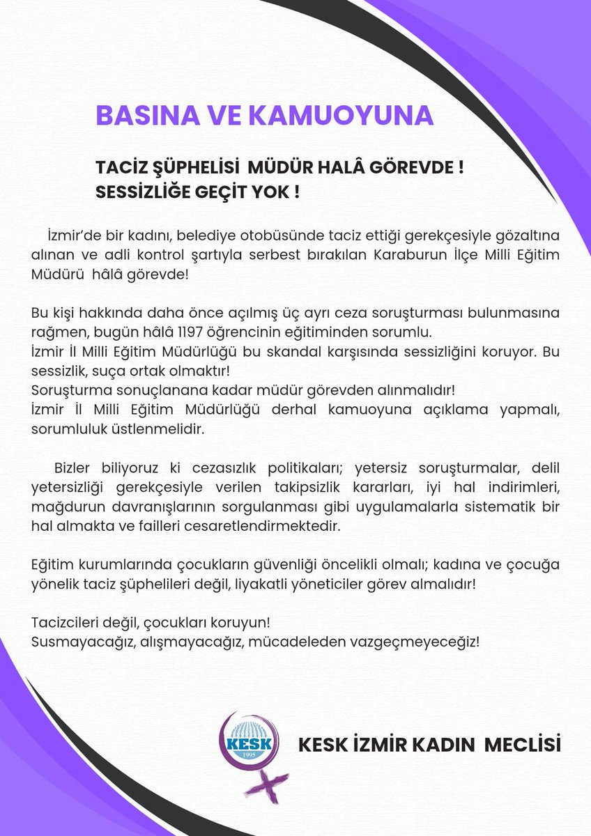 Eğitim kurumlarında çocukların güvenliği öncelikli olmalı; kadına ve çocuğa yönelik taciz şüphelileri değil, liyakatli yöneticiler görev almalıdır!

Tacizcileri değil, çocukları koruyun!
Susmayacağız, alışmayacağız, mücadeleden vazgeçmeyeceğiz!
<a href="/izmirkeskkadin/">Kesk İzmir Kadın Meclisi</a>