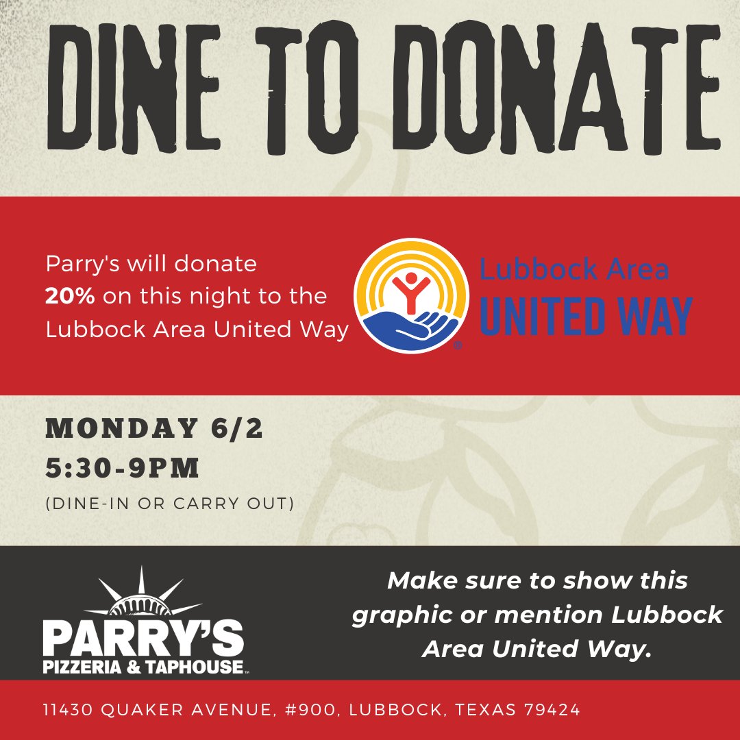 Lubbock Matadors (@lubbockmatadors) on Twitter photo Join us tomorrow as we celebrate our Home Opener victory with our 1st Dine to Donate at <a href="/Parryspizza_co/">Parry’s Pizzeria & Taphouse</a>!🍕
Parrys has generously offered to take 20% of orders that night from 5:30-9PM and donate the proceeds to the Lubbock Area United Way!
Make sure to mention us, when dining! Join us tomorrow as we celebrate our Home Opener victory with our 1st Dine to Donate at <a href="/Parryspizza_co/">Parry’s Pizzeria & Taphouse</a>!🍕
Parrys has generously offered to take 20% of orders that night from 5:30-9PM and donate the proceeds to the Lubbock Area United Way!
Make sure to mention us, when dining!