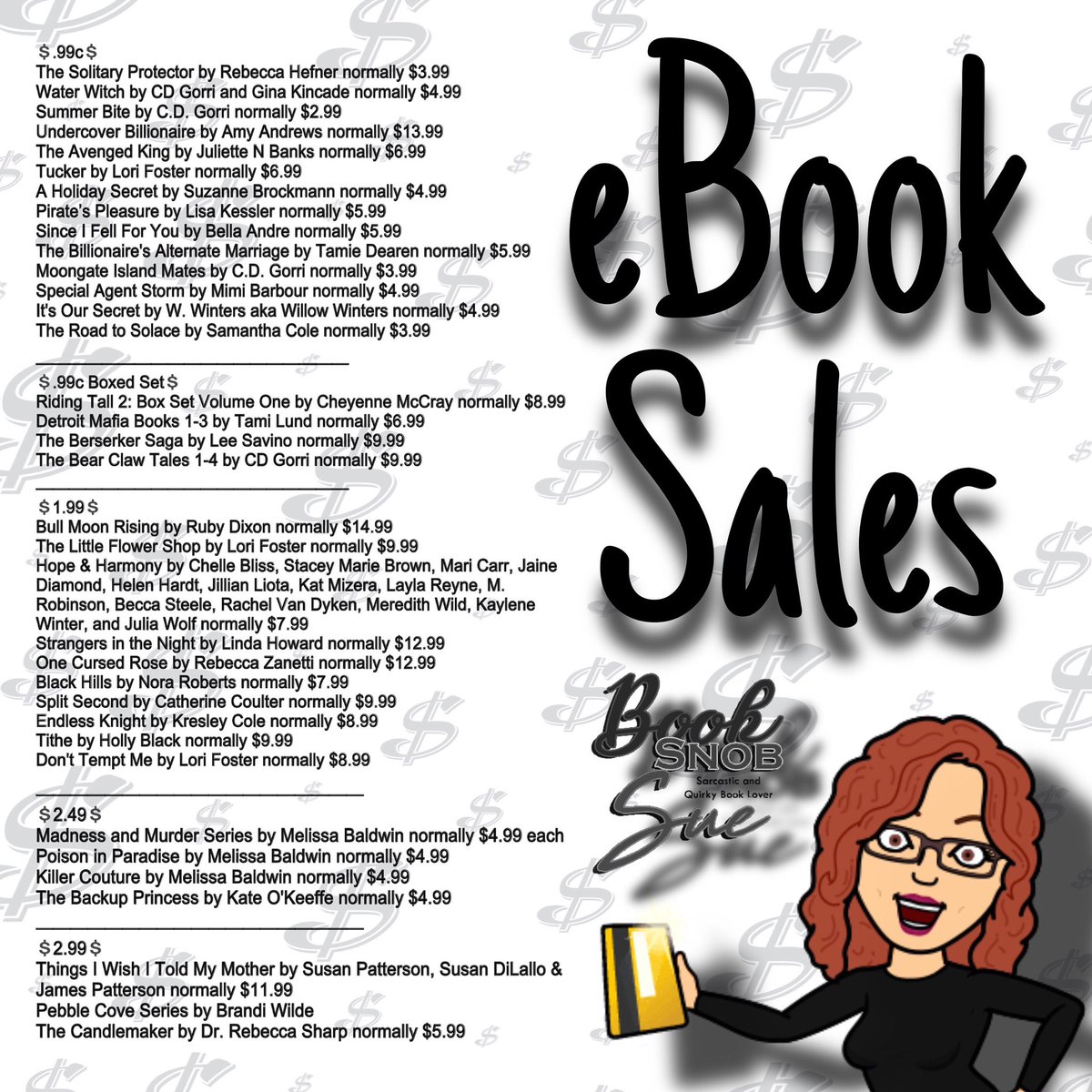 Book Snob Sue (@booksnobsue) on Twitter photo 💲EBOOK SALES💲LIMITED TIME💲
#ad
<a href="/RebHefnerAuthor/">Rebecca Hefner - Sexy Vamps & Steamy Sci-Fi🤓🧛❤️</a>
<a href="/cgor22/">CD Gorri, Steamy Romance Author (PNR, Dark, Humor)</a>
Amy Andrews
<a href="/julzbanks/">Julz</a>
Suzanne Brockmann
<a href="/CheyenneMcCray/">Cheyenne McCray</a>
Ruby Dixon
<a href="/LoriLFoster/">Lori Foster</a>
<a href="/ChelleBliss1/">Chelle Bliss</a>
<a href="/HelenHardt/">Helen Hardt</a>
Linda Howard
<a href="/RZanetti_Author/">Rebecca Zanetti</a>
<a href="/AuthNoraRoberts/">Nora Roberts</a>
Catherine Coulter
facebook.com/share/18UuwrkP… 💲EBOOK SALES💲LIMITED TIME💲
#ad
<a href="/RebHefnerAuthor/">Rebecca Hefner - Sexy Vamps & Steamy Sci-Fi🤓🧛❤️</a>
<a href="/cgor22/">CD Gorri, Steamy Romance Author (PNR, Dark, Humor)</a>
Amy Andrews
<a href="/julzbanks/">Julz</a>
Suzanne Brockmann
<a href="/CheyenneMcCray/">Cheyenne McCray</a>
Ruby Dixon
<a href="/LoriLFoster/">Lori Foster</a>
<a href="/ChelleBliss1/">Chelle Bliss</a>
<a href="/HelenHardt/">Helen Hardt</a>
Linda Howard
<a href="/RZanetti_Author/">Rebecca Zanetti</a>
<a href="/AuthNoraRoberts/">Nora Roberts</a>
Catherine Coulter
facebook.com/share/18UuwrkP…