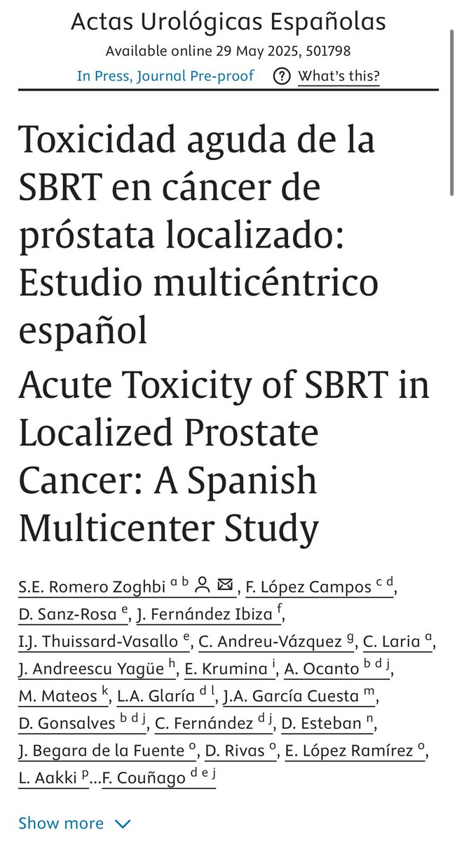 Felipe Couñago PhD (@fcounago) on Twitter photo 📢 New article on SBRT acute toxicity in localized prostate cancer now in press at @ActasUrologicas!
✅ 12 <a href="/GenesisCareES/">GenesisCare España</a> centers
🎓 Part of <a href="/sigfredoelias/">Sigfredo Romero</a>’s PhD at <a href="/UEuropea/">Universidad Europea</a>
Thanks @ActasUrologicas & Dr. <a href="/RodriguezFaba/">Óscar Rodríguez Faba</a> for the support!
🔗 sciencedirect.com/science/articl… 📢 New article on SBRT acute toxicity in localized prostate cancer now in press at @ActasUrologicas!
✅ 12 <a href="/GenesisCareES/">GenesisCare España</a> centers
🎓 Part of <a href="/sigfredoelias/">Sigfredo Romero</a>’s PhD at <a href="/UEuropea/">Universidad Europea</a>
Thanks @ActasUrologicas & Dr. <a href="/RodriguezFaba/">Óscar Rodríguez Faba</a> for the support!
🔗 sciencedirect.com/science/articl…
