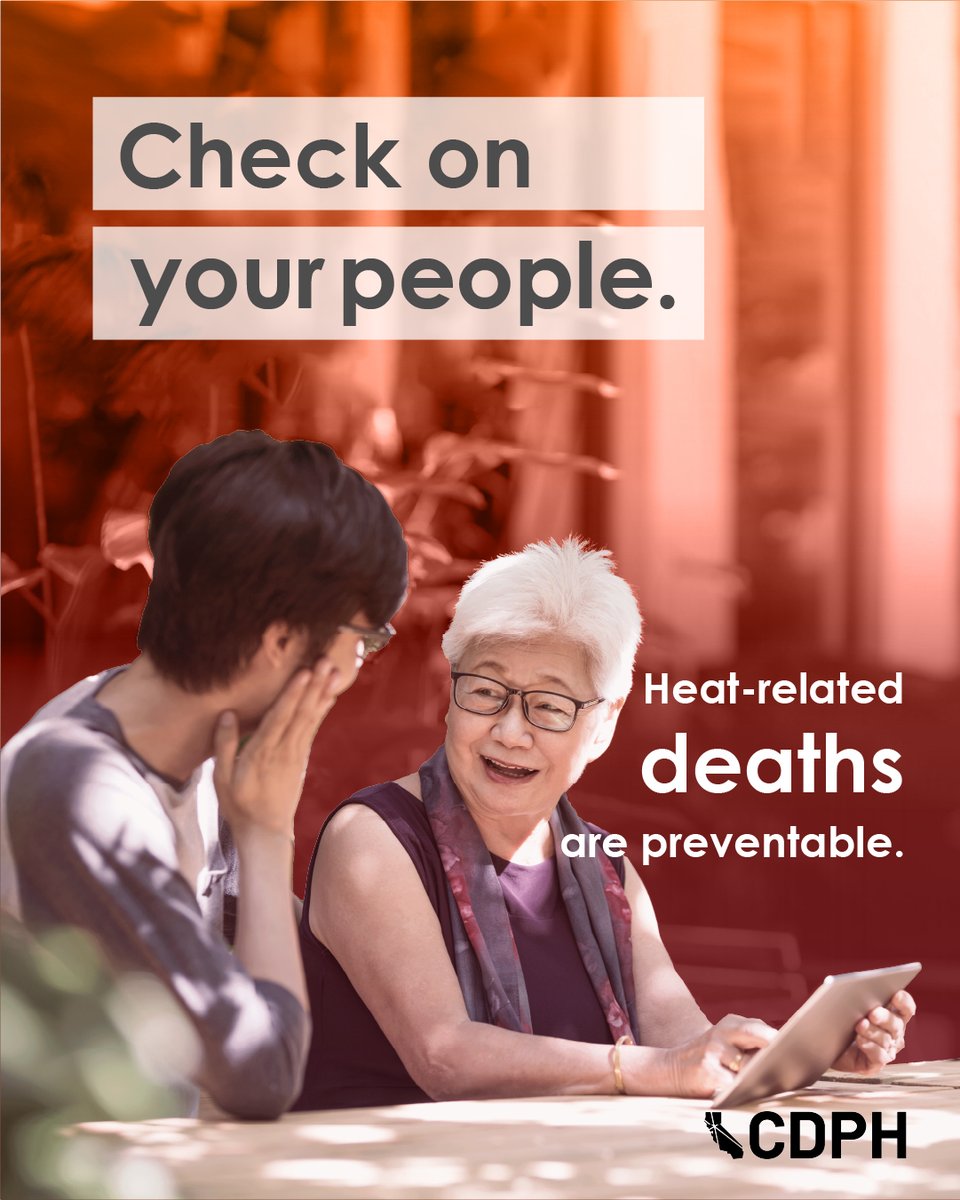 California Department of Public Health (@capublichealth) on Twitter photo Check on your people during heatwaves, especially those at higher risk for heat-related illnesses, like: adults 65+, children under 2, those without access to air conditioning, & outdoor workers. Remember, ANYONE can get a heat-related illness.
Learn more cdc.gov/extreme-heat/r… Check on your people during heatwaves, especially those at higher risk for heat-related illnesses, like: adults 65+, children under 2, those without access to air conditioning, & outdoor workers. Remember, ANYONE can get a heat-related illness.
Learn more cdc.gov/extreme-heat/r…