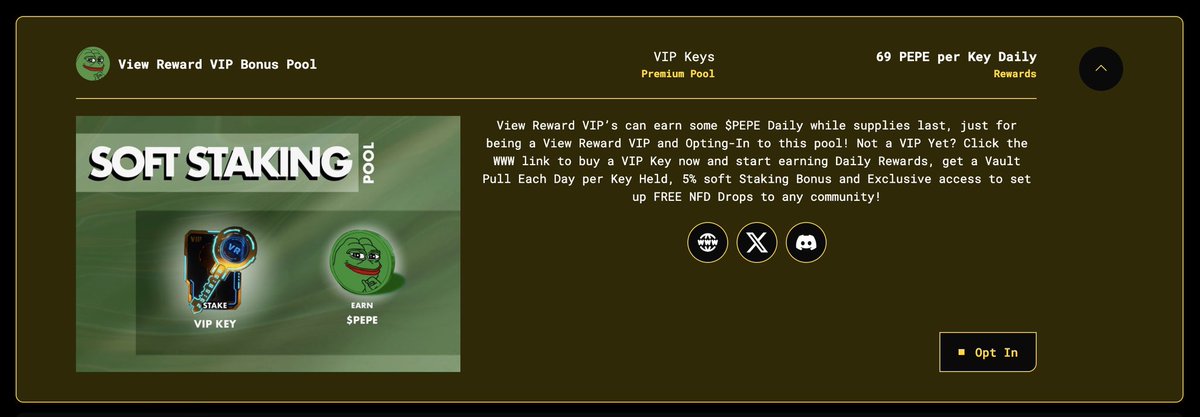 New daily reward for VIP Key holders! 

Opt-in and get free Pepe Airdropped daily! 

viewreward.app/soft-pools

NOT a VIP?? 
Become one now and help support our work
 randgallery.com/collection/vie…

#VIP #SoftStaking #AlgoFam