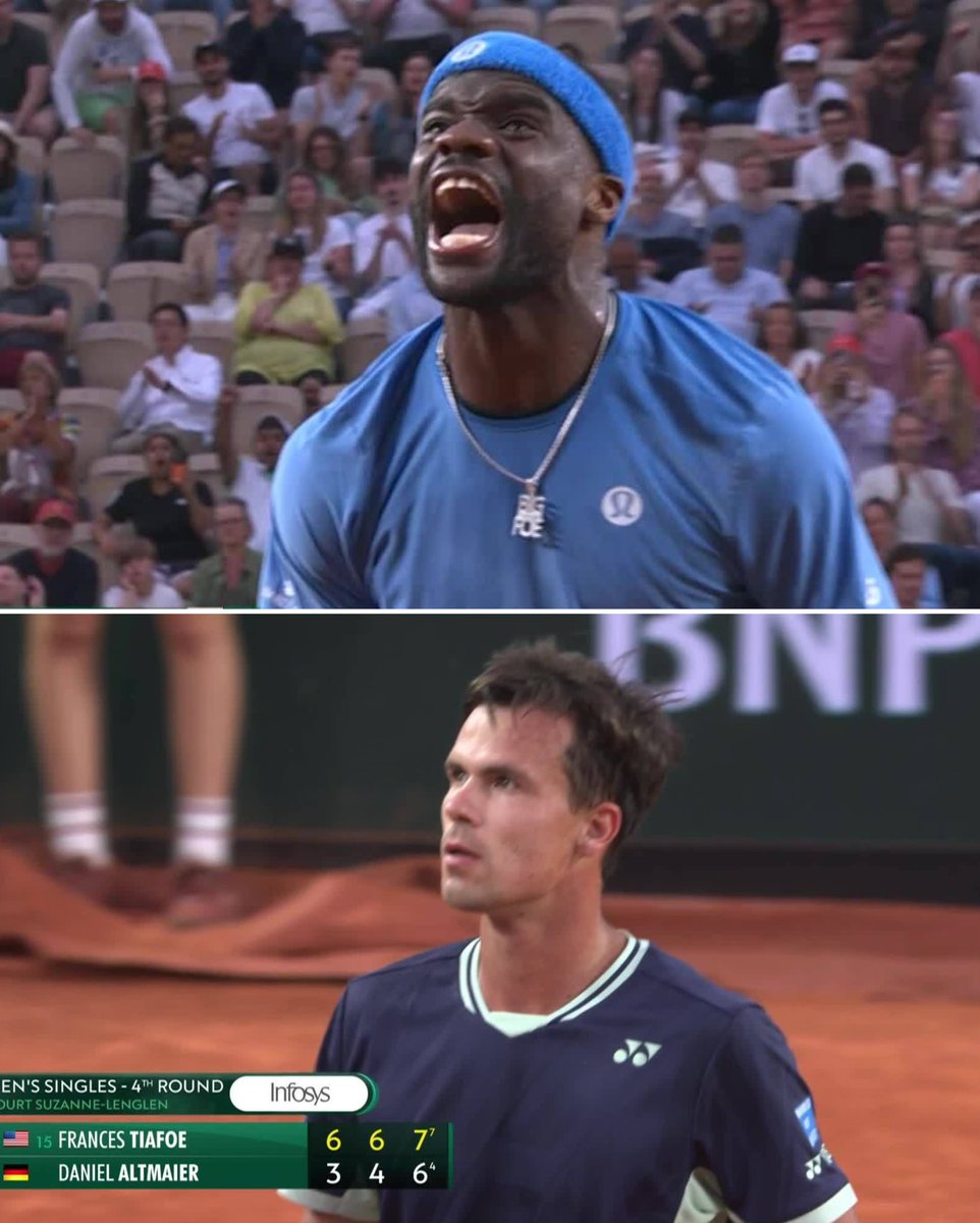 BleacherReport's tweet photo. FRANCES TIAFOE WINS IN STRAIGHT SETS 🔥

No. 15 Tiafoe is advancing to the Roland-Garros quarterfinals after eliminating Daniel Altmaier 👏 https://t.co/n1LfxaTjmk
