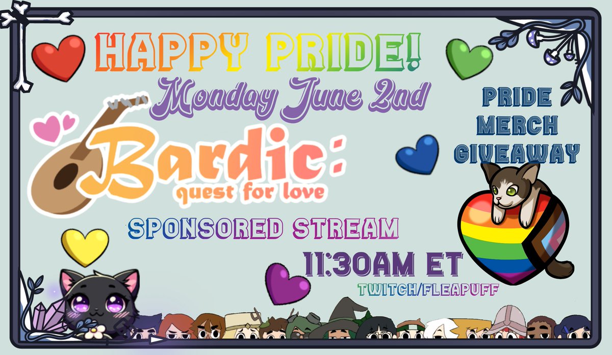 Happy Pride my friends!!

To celebrate one of the BEST months, we're starting out with our FIRST EVER sponsored stream with <a href="/BreadworkGames/">Breadwork Games</a> Bardic: Quest for Love tomorrow!!

We'll be checking out this adorable game for a few hours &amp; doing a Pride merch giveaway!

See you there!