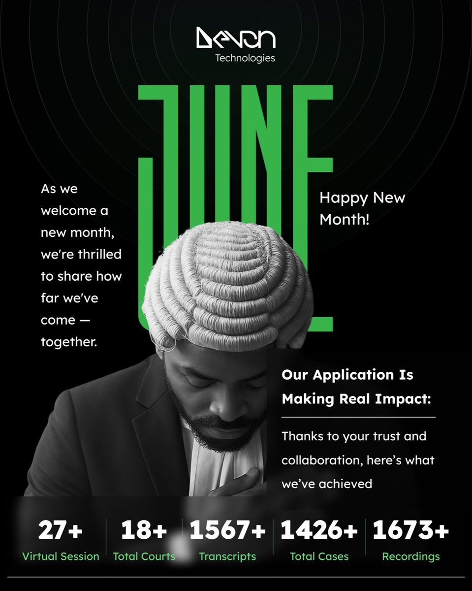 DevonTechio's tweet image. 🎉 Happy New Month from Devon Technologies! 🎉
📊 Here’s how far we’ve come together:
✨ 27 Virtual Sessions
🏛️ 18 Courts Empowered
📝 1567 Transcripts Generated
📁 1426 Total Cases Processed
🎙️ 1673 Recordings Captured
#DevonTechnologies #LegalTech #AccessToJustice