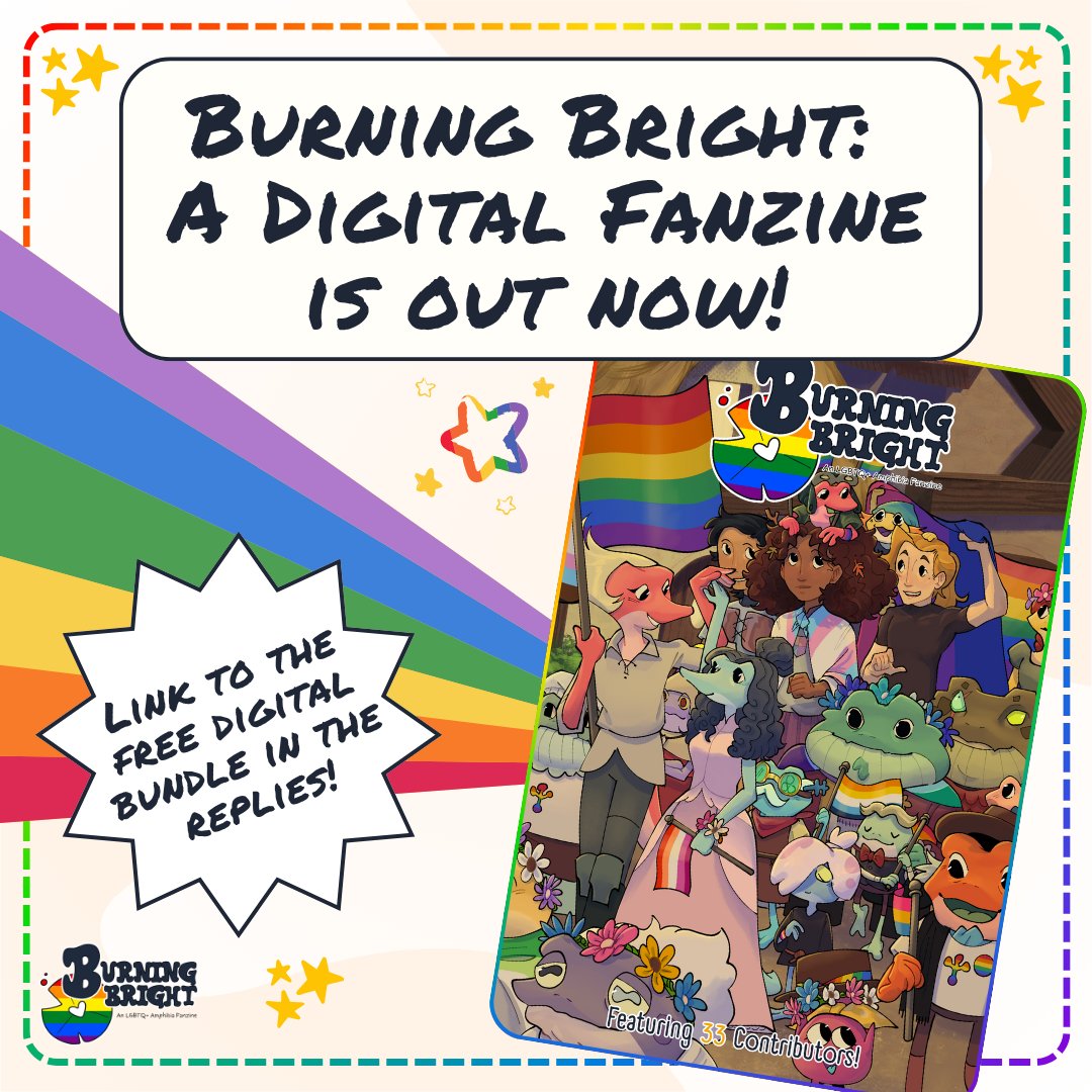 🐸🌈Happy Pride Month!!🐸🌈
Burning Bright, an LGBTQ+ Digital Amphibia Fanzine, is out now for FREE thanks to the work of 33 amazingly talented queer fans!! Featuring original illustrations, fics, and more!! Download link is in the replies #Amphibia