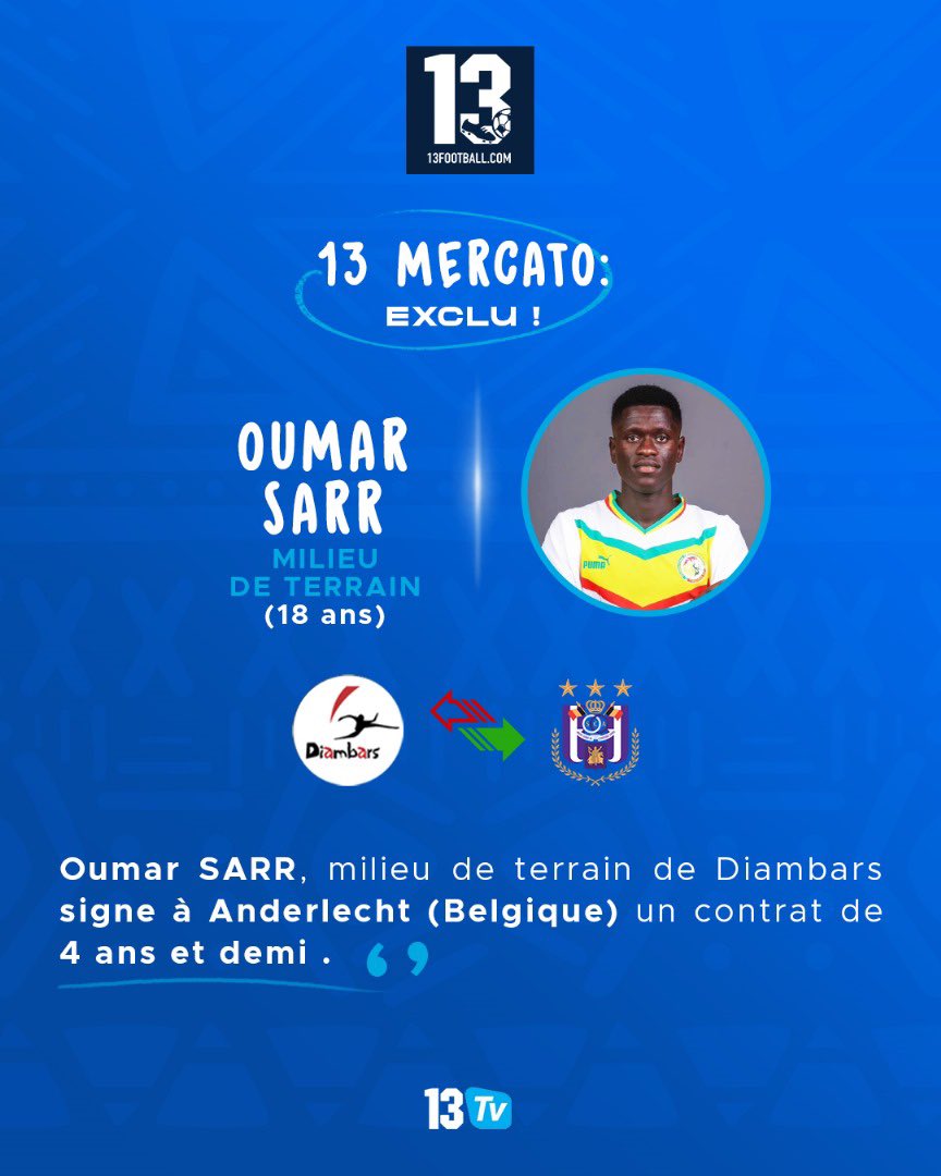 Exclu 13: Oumar Sarr à Anderlecht pour 4 ans et demi. Excellent lors de la dernière CAN U20, le milieu de terrain de Diambars rejoindra le club belge 🇧🇪 en Janvier prochain à ses 18 ans.
#13football 
#13TV