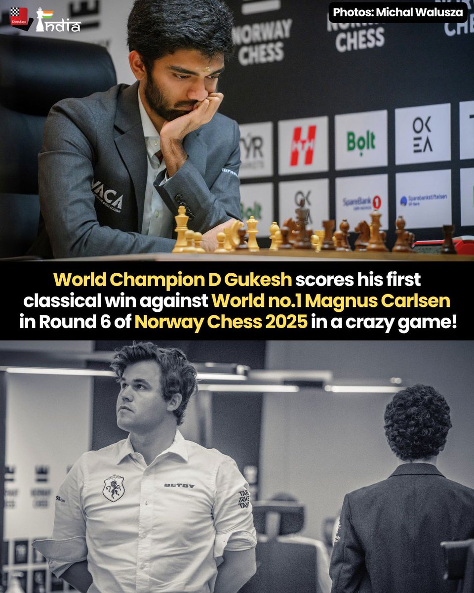 World Chess Champion <a href="/DGukesh/">Gukesh D</a> takes down Magnus Carlsen for the first time in his chess career at Round 6 of <a href="/NorwayChess/">Norway Chess</a> 2025!

What a crazy game. Gukesh was completely lost, kept trying to defend, and managed to create a winning opportunity in time trouble!

Photo: Norway