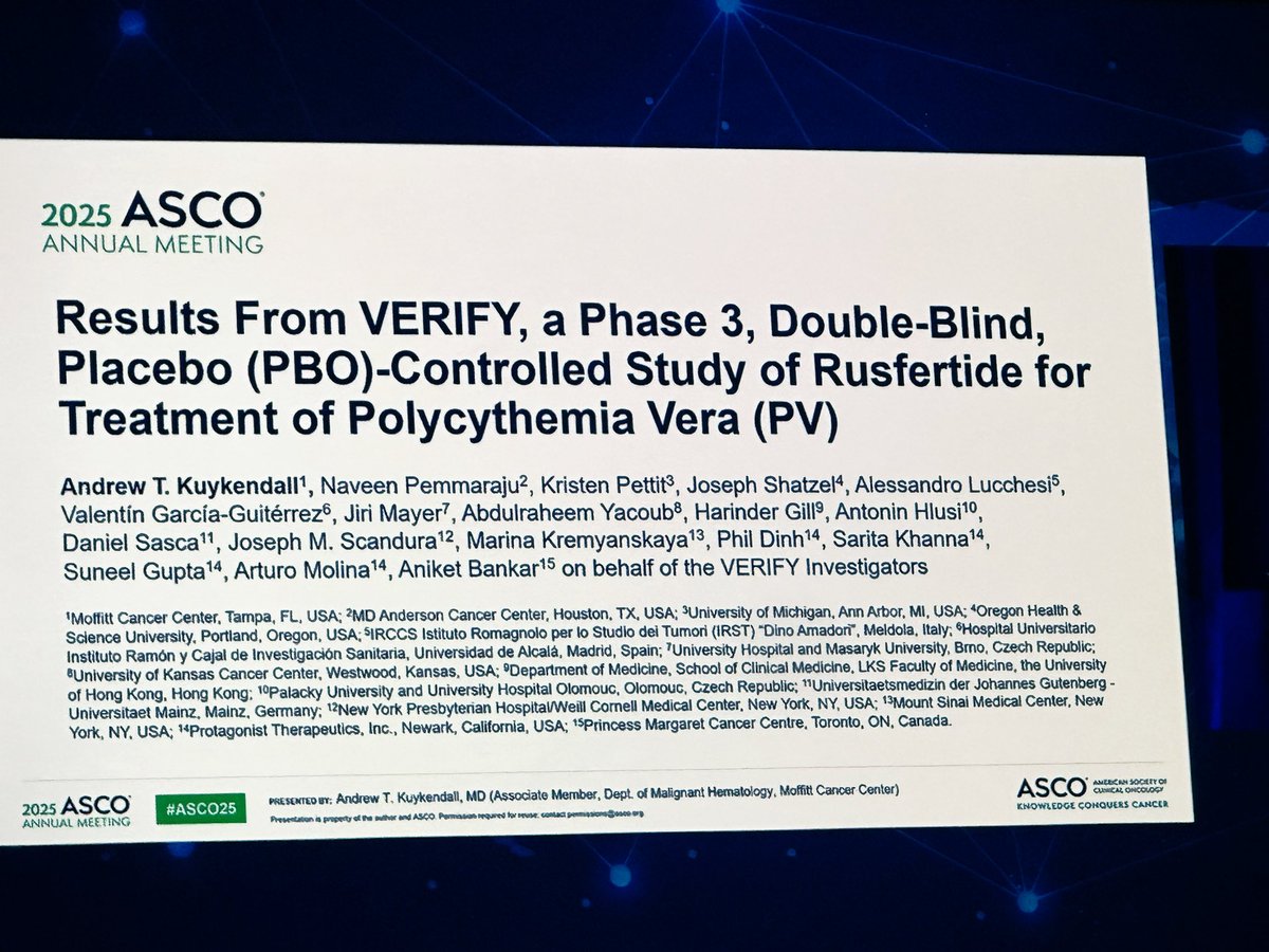#ASCO25 Proud to be a key co-author on our <a href="/ASCO/">ASCO</a> Plenary Session #3 abstract presented by <a href="/KuykendallMd/">Andrew Kuykendall MD</a> | #endcancer #VERIFY Ph 3 #MPNSM