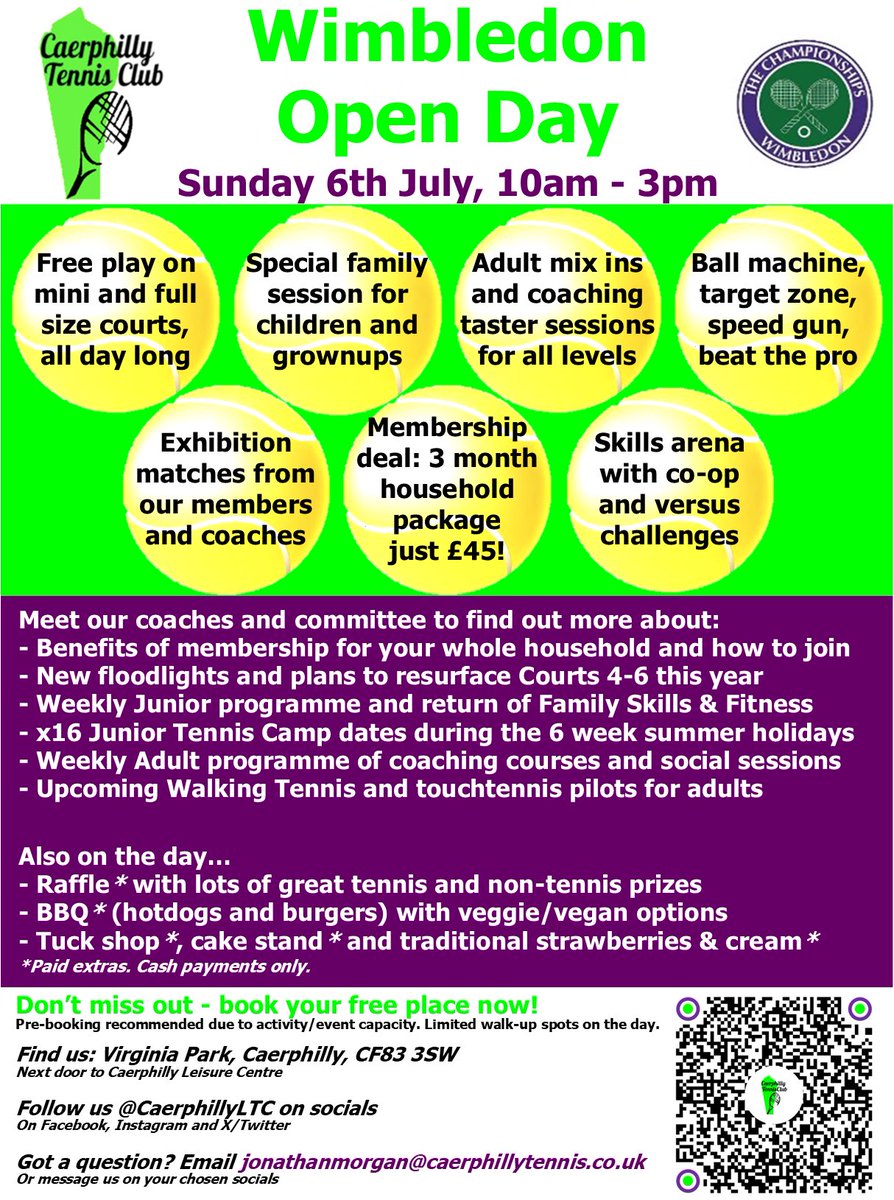 Caerphilly Tennis Club #CTC (@caerphillyltc) on Twitter photo Our flagship #Wimbledon Open Day returns to #CTC on Sunday 6th July!
๐๐พOpen courts, tasters + activities
๐๐BBQ + refreshments
๐๐Raffle + membership offer
๐ค๐กMeet our team + see facilities
๐โน๏ธLearn about what we offer
๐ฒ๐ Book your place now at: clubspark.lta.org.uk/CaerphillyLTC/โฆ Our flagship #Wimbledon Open Day returns to #CTC on Sunday 6th July!
๐๐พOpen courts, tasters + activities
๐๐BBQ + refreshments
๐๐Raffle + membership offer
๐ค๐กMeet our team + see facilities
๐โน๏ธLearn about what we offer
๐ฒ๐ Book your place now at: clubspark.lta.org.uk/CaerphillyLTC/โฆ