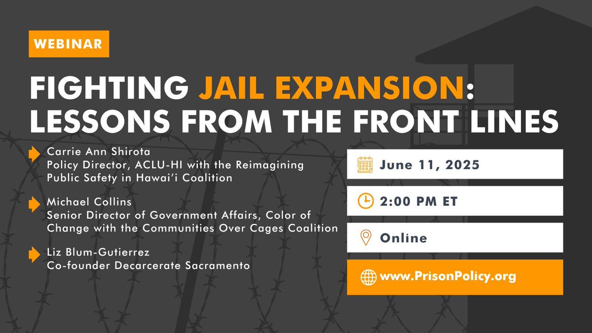 🗓️WEBINAR

Communities across the US are proposing spending millions (sometimes billions) on new jails – but new, bigger jails don't make anyone safer.

This webinar will discuss how you can push back against jail expansion.

Register here 👇 
zoom.us/webinar/regist…