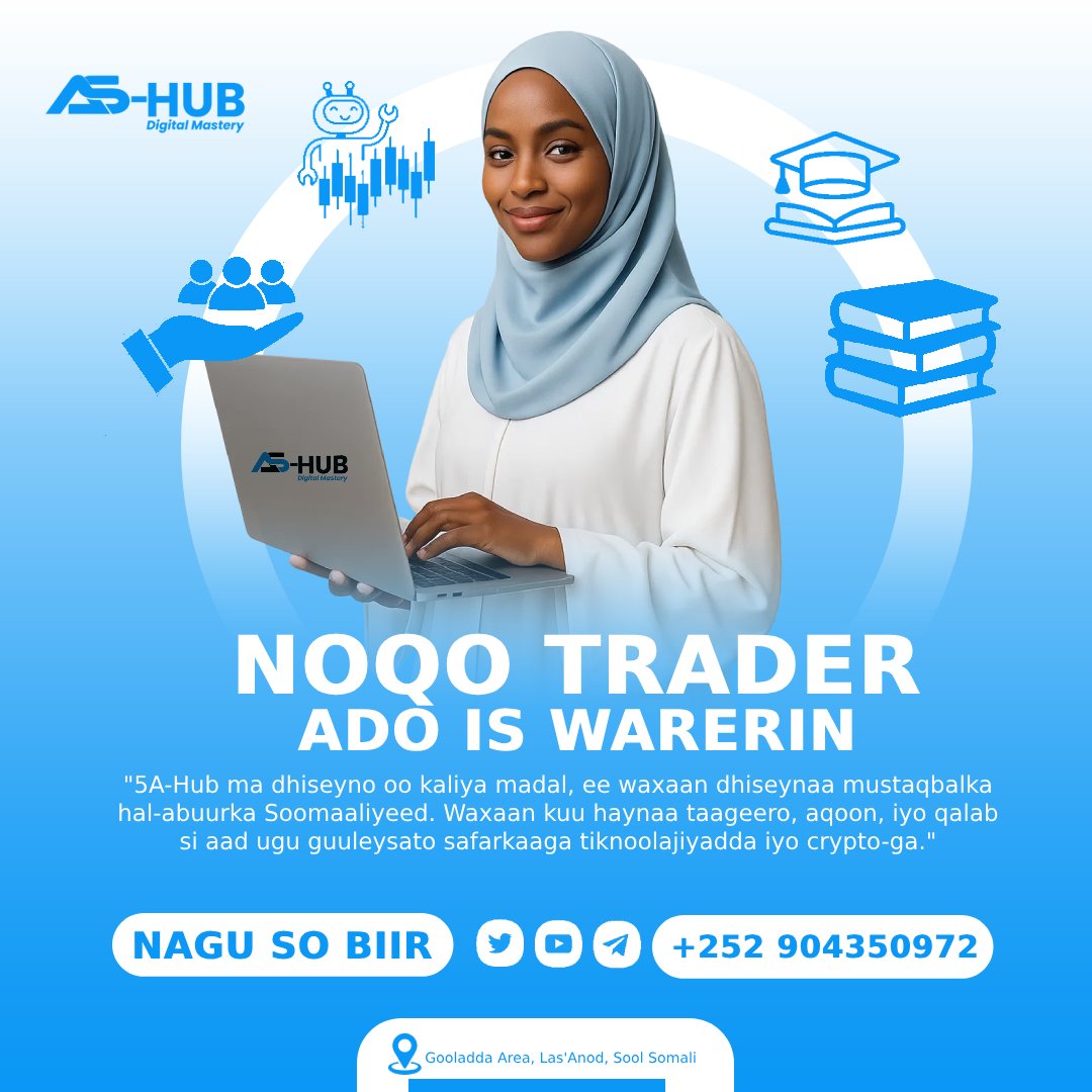 hiraabe75's tweet photo. @FowsiDayib 5A-Hub waa madal tignoolajiyadeed oo hormuud u ah hal-abuurka Soomaaliyeed, iyadoo bixisa adeegyo casri ah oo ku saleysan AI, ganacsiga crypto, la-talin ganacsi, iyo waxbarasho dhammaantood lagu barto af-Soomaali. https://t.co/yBL14zCFeq hada booqo https://t.co/iVw4RpCxCN