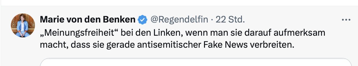 Meine einzige Interaktion mit dem Regendelfin. Das reicht bei der Flachpfeife schon für einen Block. Aber wenn sie selbst geblockt wird, handelt es sich um einen Angriff auf ihre Meinungsfreiheit.