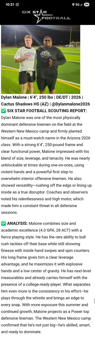 Dylan Malone (@dylanmalone2026) on Twitter photo Appreciate the love from <a href="/sixstarfootball/">Six Star Football | PLUS+</a> for the write up! 🙏 Always grateful for the recognition, but the job’s not done. Just staying, locked in, and focused on putting in the work every day. Big season ahead.
<a href="/TheFactoryAZ/">TheFactoryPerformance</a> <a href="/RonTBAOL/">Ron Sowers</a> <a href="/CoachCDII/">Chris Dixon II</a> <a href="/CSHSAthletics1/">CSHSAthletics</a> <a href="/CSFalconsFB/">Cactus Shadows Falcons football</a> Appreciate the love from <a href="/sixstarfootball/">Six Star Football | PLUS+</a> for the write up! 🙏 Always grateful for the recognition, but the job’s not done. Just staying, locked in, and focused on putting in the work every day. Big season ahead.
<a href="/TheFactoryAZ/">TheFactoryPerformance</a> <a href="/RonTBAOL/">Ron Sowers</a> <a href="/CoachCDII/">Chris Dixon II</a> <a href="/CSHSAthletics1/">CSHSAthletics</a> <a href="/CSFalconsFB/">Cactus Shadows Falcons football</a>