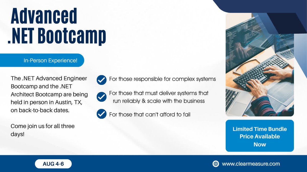 Back-to-back in Austin this August: Advanced .NET Architect Bootcamp (8/6) + Engineer Bootcamp (8/4-5). Register now.  

bit.ly/3StN7yZ  

#dotNET #Bootcamps