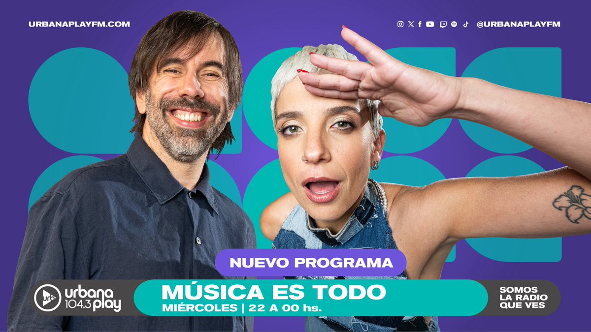 MÚSICA ES TODO, nuevo programa de #UrbanaPlay desde el miércoles 4/6 🎵✨

Los miércoles terminamos el día con la música como protagonista. Clemente Cancela y Pauli Echeverria nos guían por el universo de artistas, entrevistas, música en vivo y un ritual para celebrar la música.