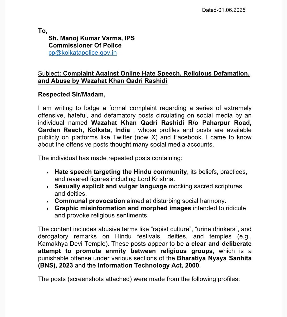 Kanwaljit Arora (@mekarora) on Twitter photo #ArrestWazahatKhan
Legal Action Filed Against Wazahat Khan Qadri Rashidi for Hate Speech and Religious Defamation
Advocate Vineet Jindal has filed an official complaint with the <a href="/DelhiPolice/">Delhi Police</a> and <a href="/DCP_IFSO/">IFSO/CCU Delhi Police</a> against Wazahat Khan Qadri Rashidi for allegedly promoting hate speech, #ArrestWazahatKhan
Legal Action Filed Against Wazahat Khan Qadri Rashidi for Hate Speech and Religious Defamation
Advocate Vineet Jindal has filed an official complaint with the <a href="/DelhiPolice/">Delhi Police</a> and <a href="/DCP_IFSO/">IFSO/CCU Delhi Police</a> against Wazahat Khan Qadri Rashidi for allegedly promoting hate speech,