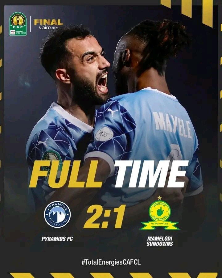 Ligue de champion de la CAF : Pyramids FC club de Fistin  Kalala Mayele bat Mamelodies Sundowns 2-1 ce dimanche 1er juin 2025 et remporte, pour la première fois, la Coupe. Au match aller, le score était de 1-1. Donc, le score cumulé est 3-2.