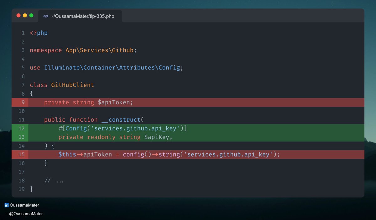 OussamaMater's tweet image. Laravel Tip 💡: Use Contextual Attributes
You probably had to initialize attributes with config values before. Laravel makes it easier with contextual attributes. You can inject values directly, use constructor property promotion, and skip the boilerplate. It's just elegant 🚀