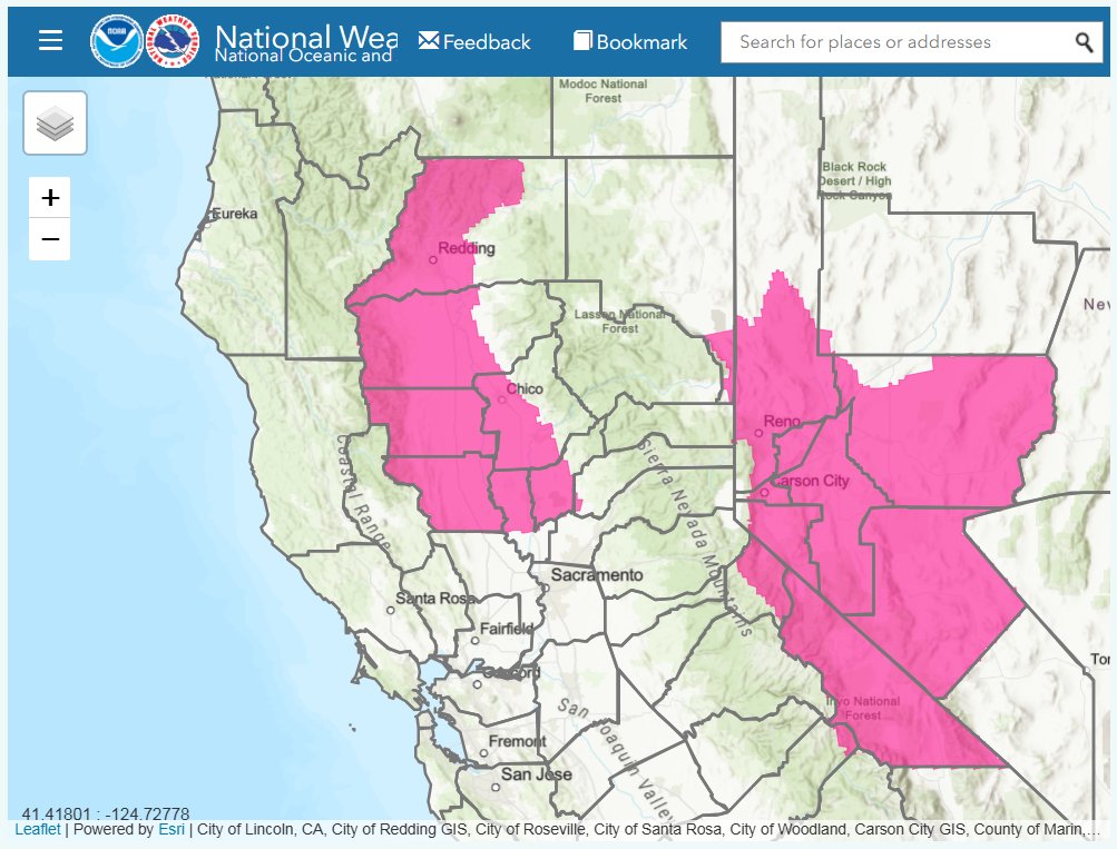🚩 Red Flag Warning in Effect 🚩

The <a href="/NWSSacramento/">NWS Sacramento</a> has issued a #RedFlagWarning from 2 am to 8 pm Monday for the northern Sacramento Valley, including portions of our Unit covering <a href="/ColusaGov/">Colusa County</a>. This alert is due to gusty winds and low relative humidity.

Winds ... North to