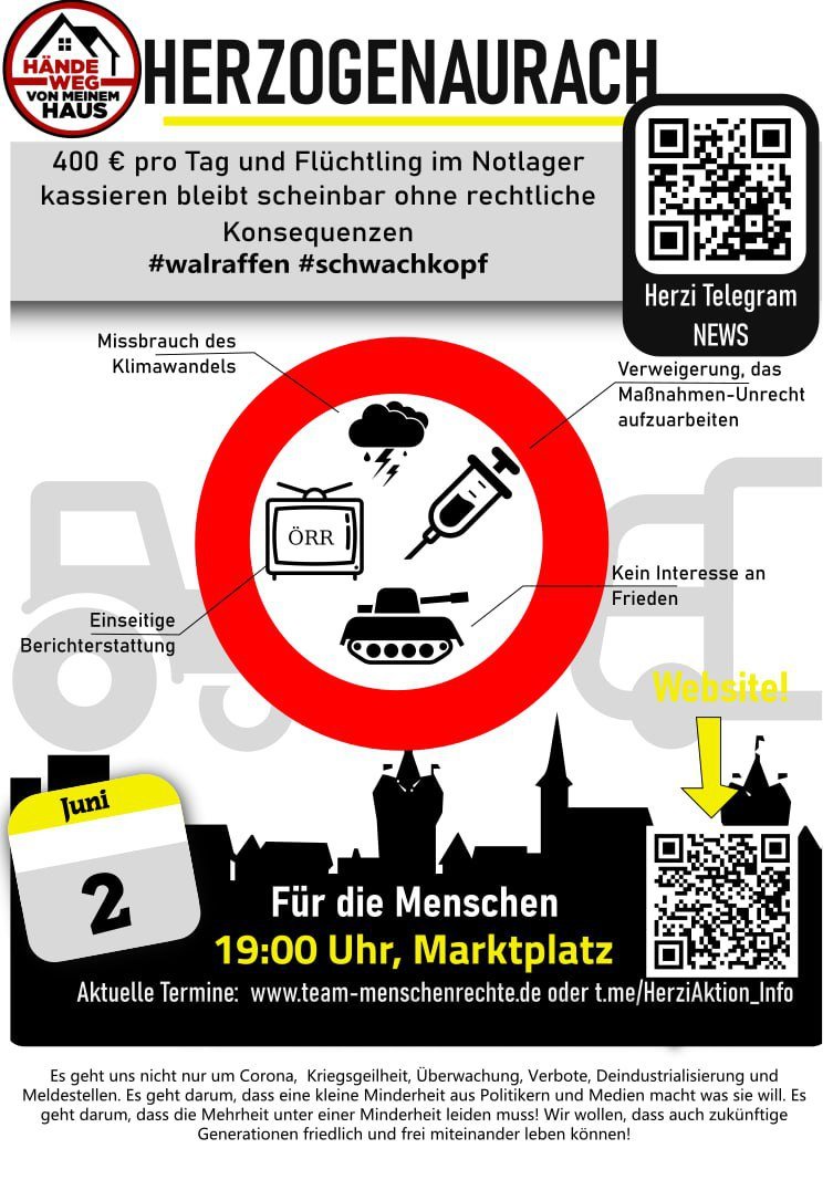 Montags- #Demo in Franken am 02.06.2025:

‼️ #Bayreuth 19:00 #Opernstraße
‼️ #Crailsheim 18:00 #Rathaus
‼️ #Bamberg 18:00 #Bahnhof
‼️ #Herzogenaurach 19:00 #Markt

#Frieden #Freiheit #Selbstbestimmung
echte #Demokratie #Meinungsfreiheit
#Remigration