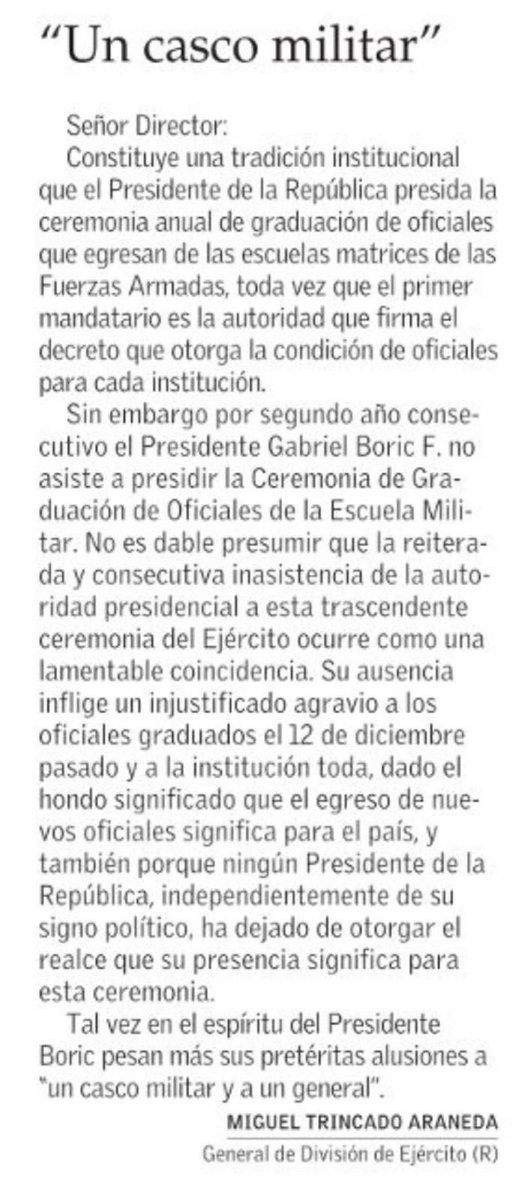 ★ ★★☆ ☆★★ ★
“UN CASCO MILITAR” 🪖 

“Tal vez, en el espíritu del Presidente Boric, pesan más sus pretéritas alusiones a “un casco militar y a un General”

     Miguel Trincado Araneda 
General (R) <a href="/Ejercito_Chile/">Ejército de Chile</a> 
        ★ ★★☆ ☆★★ ★