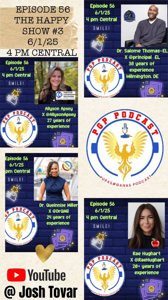 #PGPPODCAST
<a href="/JTSPOTLIGHTS/">Josh Tovar</a> 
Episode 56 
Join us 4 pm Central 
The Happy Show #3
<a href="/RaeHughart/">Rae Hughart, M.S. Ed</a> <a href="/Principal_EL/">Salome Thomas-EL, Ed.D</a>
<a href="/AllysonApsey/">Allyson Apsey</a>  <a href="/DrQMil/">Dr. Queinnise Miller</a> 

CLICK ON LINK TO VIEW THE SHOW
youtube.com/live/ZhoFGQVws…

E. 57  <a href="/cdmason67/">Chris Mason</a> @beechwoodsup <a href="/kekeg23/">Melissa Gonzales</a>