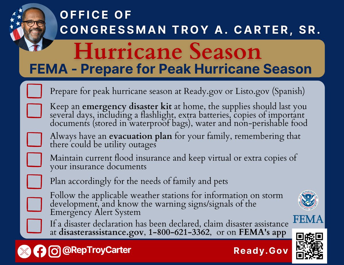 #Louisiana, today marks the start of #HurricaneSeason. As the climate crisis fuels stronger storms and FEMA is under attack, it's more important than ever to stay prepared. Throughout the season, I’ll be sharing tips and information to help you protect yourself and your loved