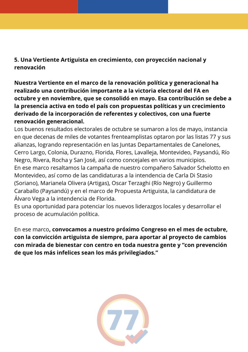 La Directiva Nacional Ampliada de la Vertiente Artiguista declara: