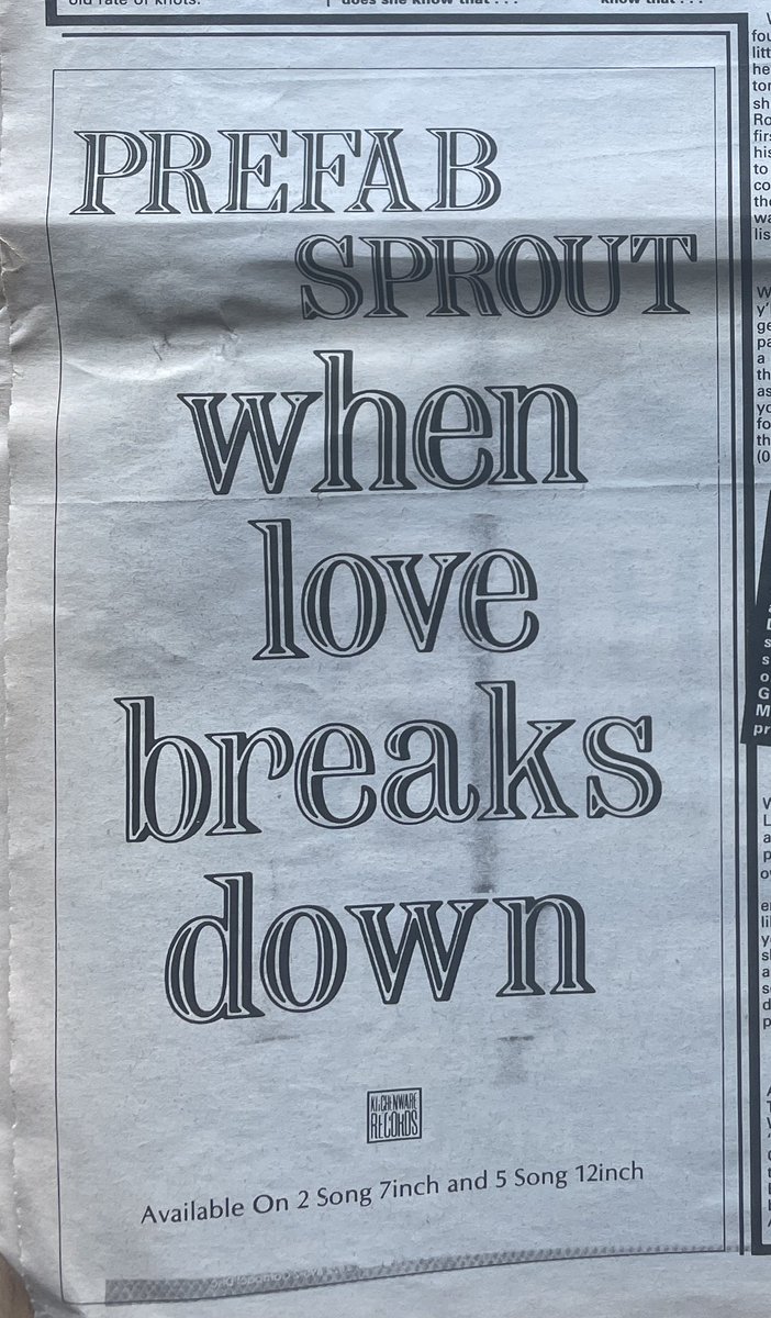 Prefab Sprout advert.
Melody Maker, 30 March 1985.