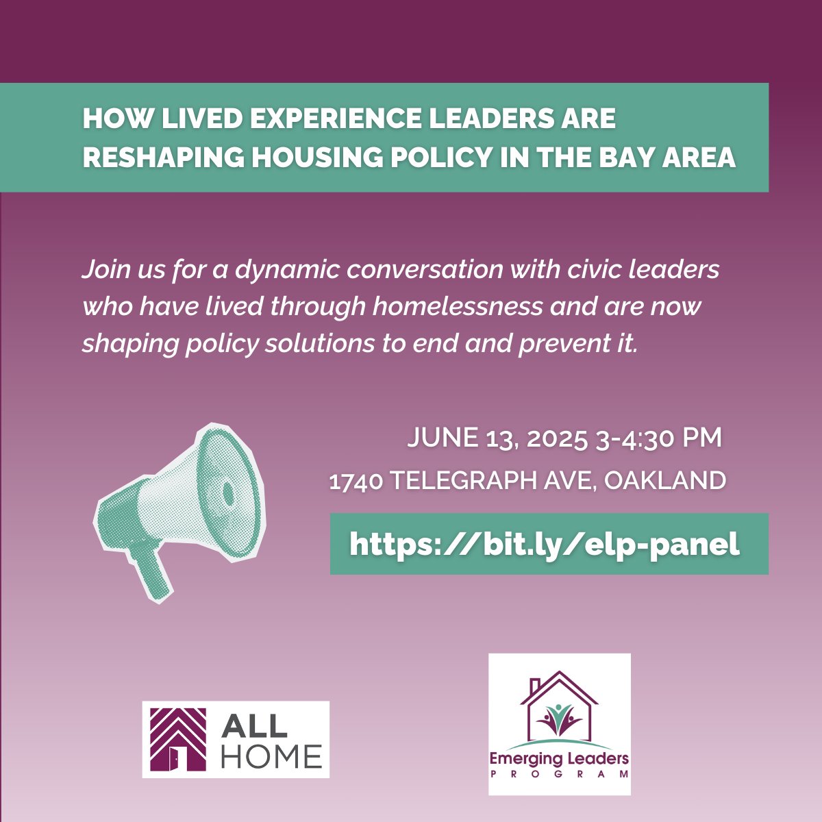 allhomeca's tweet image. 📣 Join us for a panel and mixer with civic leaders who have lived through homelessness and are now shaping policy solutions to end and prevent it.
🗓️ Friday, June 13, 3-4:30
📍Gaines Gallery, 1740 Telegraph Ave, Oakland
Register on Eventbrite eventbrite.com/e/how-lived-ex…