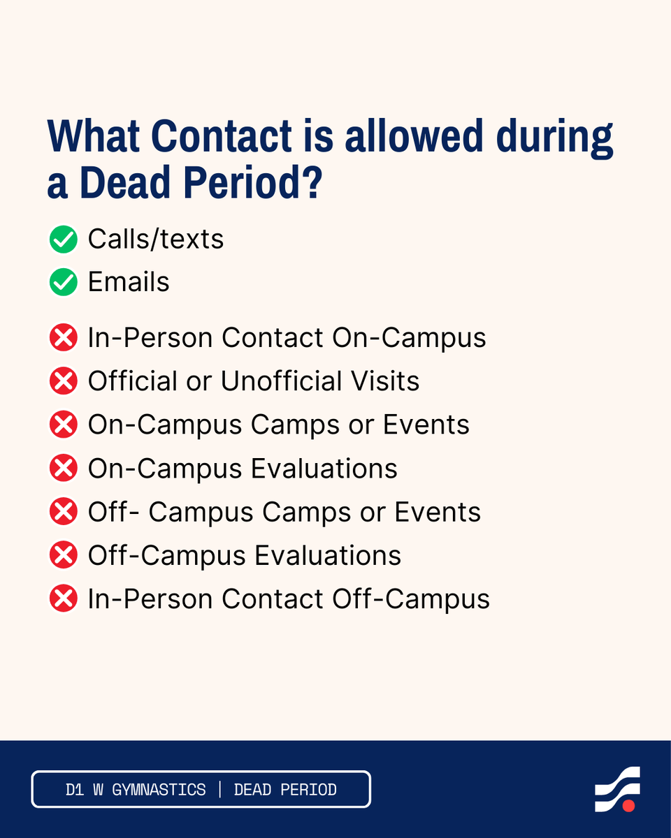 Division I Women’s Gymnastics has shifted to a recruiting dead period until June 15th. The sport will shift back into a Contact Period on June 16th. Swipe ➡️ to learn more about what this means for your process. 

To learn about when college coaches can start contacting you check