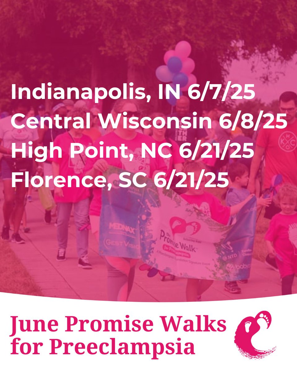 preeclampsia's tweet photo. June Promise Walks for Preeclampsia! 🎉🌟
We are excited for 4 walks in June!
Sign up for your local Promise Walk for Preeclampsia today: https://t.co/jikG1a4iBY
#PromiseWalk #PromiseWalkforPreeclampsia #PromiseWalk2025 https://t.co/cp2ksecPE9