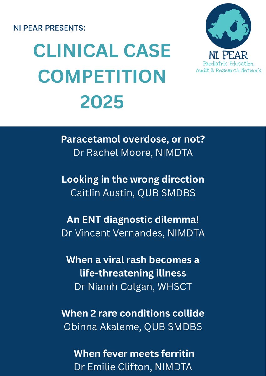 NI PEAR (@ni_pear) on Twitter photo π’3 DAYS TO GO - NIPEAR CONFERENCE 2025!π
Our Clinical Cases Competition welcomes 6 finalists from across NI paediatric units and universities! This year's winner will take home our new trophy sponsored by <a href="/_NIMDTA/">NIMDTA</a>!π<a href="/SimEdRBHSC/">Kids Sim Ed team</a> <a href="/NIPaedsTrainees/">NI Paeds trainees</a> <a href="/QUBMedEd/">QUB Centre for Medical Education</a> <a href="/WesternHSCTrust/">Western Trust</a> π’3 DAYS TO GO - NIPEAR CONFERENCE 2025!π
Our Clinical Cases Competition welcomes 6 finalists from across NI paediatric units and universities! This year's winner will take home our new trophy sponsored by <a href="/_NIMDTA/">NIMDTA</a>!π<a href="/SimEdRBHSC/">Kids Sim Ed team</a> <a href="/NIPaedsTrainees/">NI Paeds trainees</a> <a href="/QUBMedEd/">QUB Centre for Medical Education</a> <a href="/WesternHSCTrust/">Western Trust</a>