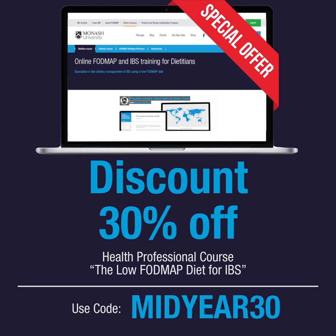 MonashFODMAP's tweet image. Health Professionals 📣 Get 30% off our 'Low FODMAP Diet for IBS' course this June!
👩⚕️ Enhance your expertise in managing IBS 👨⚕️
Learn the latest evidence-based strategies and improve patient outcomes
👉 monashfodmap.com/online-trainin…
Use code MIDYEAR30 at the checkout
