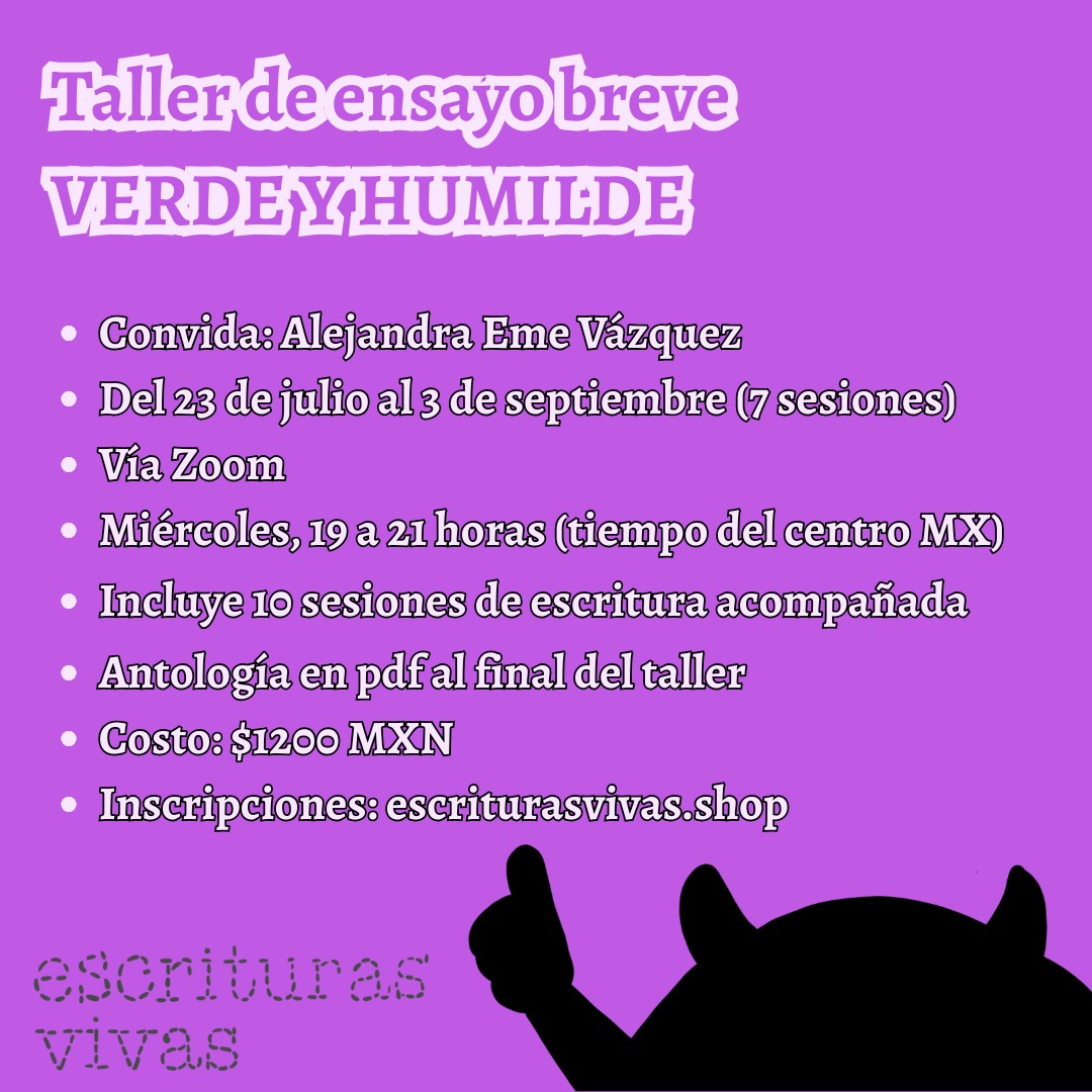 TALLER DE ENSAYO BREVE

✨ Del 23 de julio al 3 de septiembre, miércoles, 19 a 21 horas (tiempo del centro MX) via Zoom
✨ Incluye 10 sesiones de escritura acompañada y edición de antología de textos en pdf para descarga libre
✨ Informes e inscripciones: escriturasvivas.shop/products/talle…