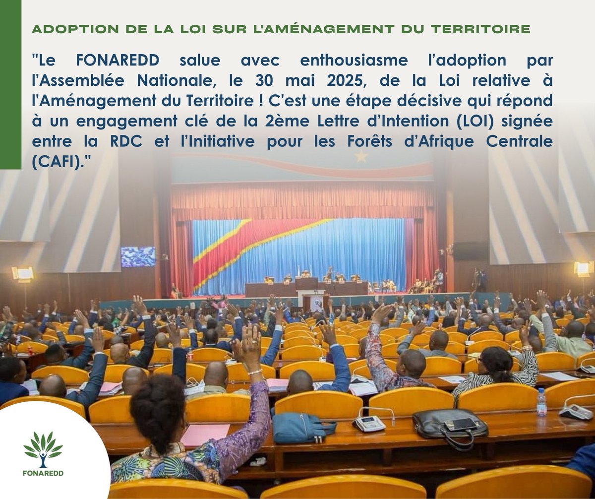 🗞️ GRANDE AVANCÉE POUR LA GESTION DURABLE DE NOS TERRITOIRES ET FORÊTS !🌳  

"Le FONAREDD salue avec enthousiasme l’adoption par l’Assemblée Nationale, le 30 mai 2025, de la Loi relative à l’Aménagement du Territoire ! C'est une étape décisive qui répond à un engagement clé de