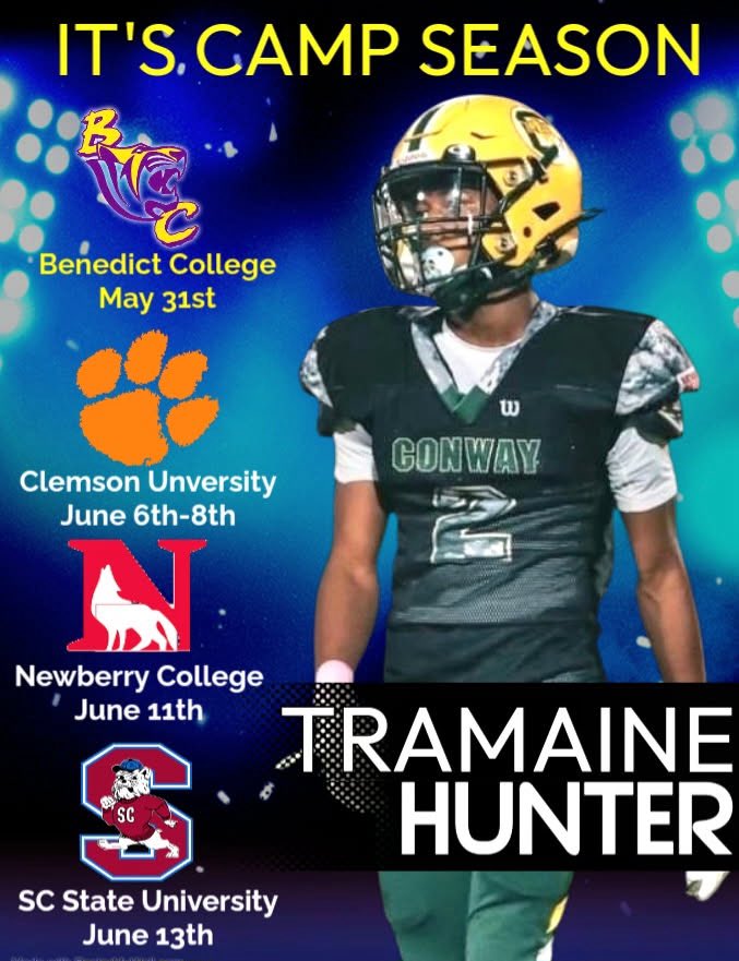 Tramaine Hunter Jr. (@tramainehu12759) on Twitter photo Camp Season!!! Here’s a few camps I will be attending this month. Looking forward to many more. <a href="/Newberry_FB/">Newberry College Football</a> <a href="/CoachFlynn_NCFB/">Stephen Flynn</a> <a href="/SCState_Fb/">South Carolina State Football</a> <a href="/CoachCParrott/">Coach Chris Parrott</a> <a href="/ConwayTigersFB/">Conway Tigers Football</a> <a href="/Conwayradio/">Ashley Smith</a> Camp Season!!! Here’s a few camps I will be attending this month. Looking forward to many more. <a href="/Newberry_FB/">Newberry College Football</a> <a href="/CoachFlynn_NCFB/">Stephen Flynn</a> <a href="/SCState_Fb/">South Carolina State Football</a> <a href="/CoachCParrott/">Coach Chris Parrott</a> <a href="/ConwayTigersFB/">Conway Tigers Football</a> <a href="/Conwayradio/">Ashley Smith</a>