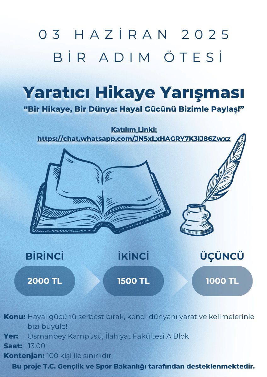T.C. Gençlik ve Spor Bakanlığı tarafından desteklenen "Bir Adım Ötesi" projemiz devam ediyor. Harran Üniversitemizin tüm öğrencileri davetlidir. Etkinliğe katılmak için chat.whatsapp.com/JN5xLxHAGRY7K3…
