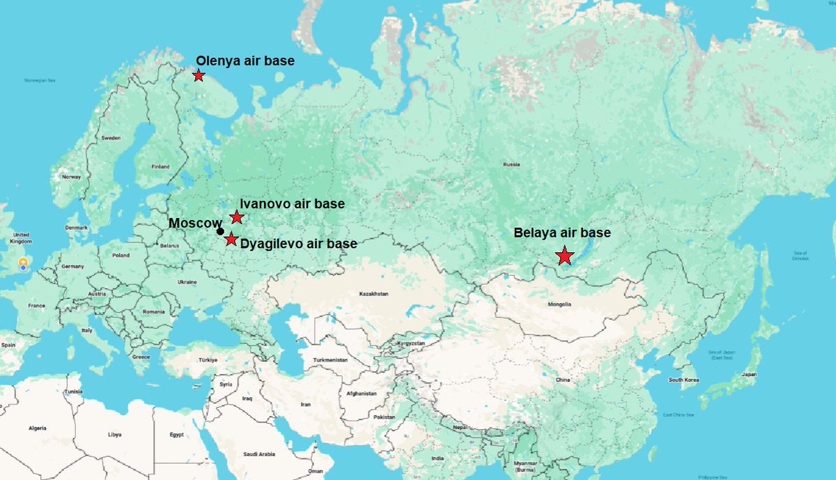 🔥 Because I've not seen it anywhere yet...

Here's a map I made of the 4 Russian air bases that Ukraine hit with drone attacks just now (red stars)
 
Look how deeply they penetrate into Russian territory. 

Slava Ukraini. ✊