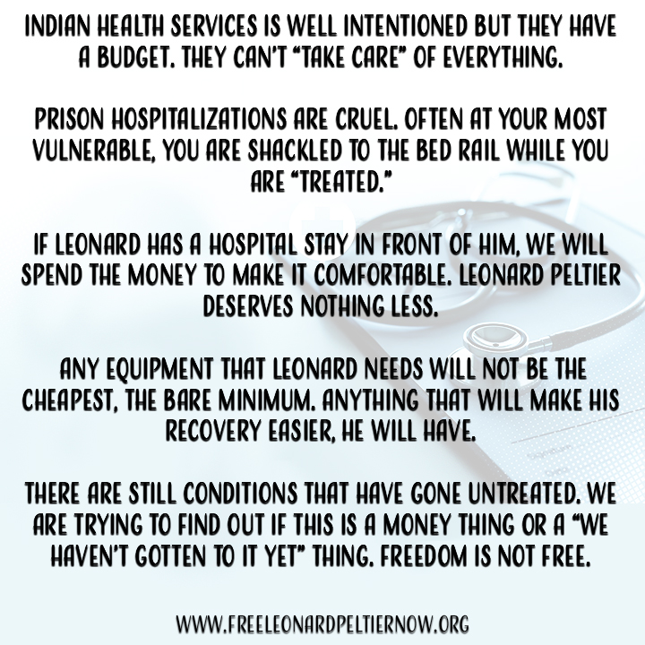 RealPeltierHQ's tweet image. Indian health services are well-intentioned, but they have a budget. They can’t “take care” of everything.
Prison hospitalizations are cruel. Often at your most vulnerable, you are shackled to the bed rail while you are “treated.”
If Leonard has a hospital stay in front of him,…